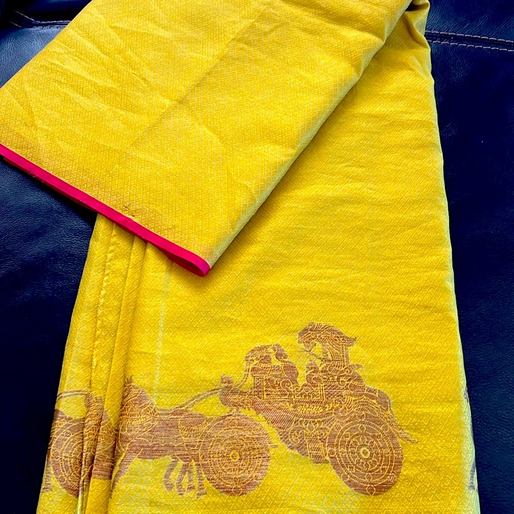 Yellow Women's Dress with Pink Trim and Traditional Motif